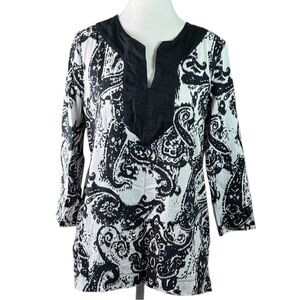 Lauren Ralph Lauren Paisley Tunic Top Womens L Boho Cotton Black Split Neck Work